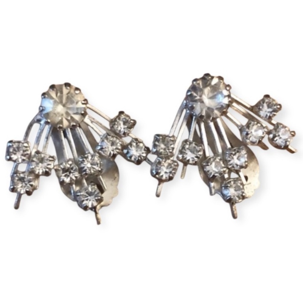 1950’s Mid Century Unique‎ Rhinestone Earrings, Clip Ons, Made in Austria